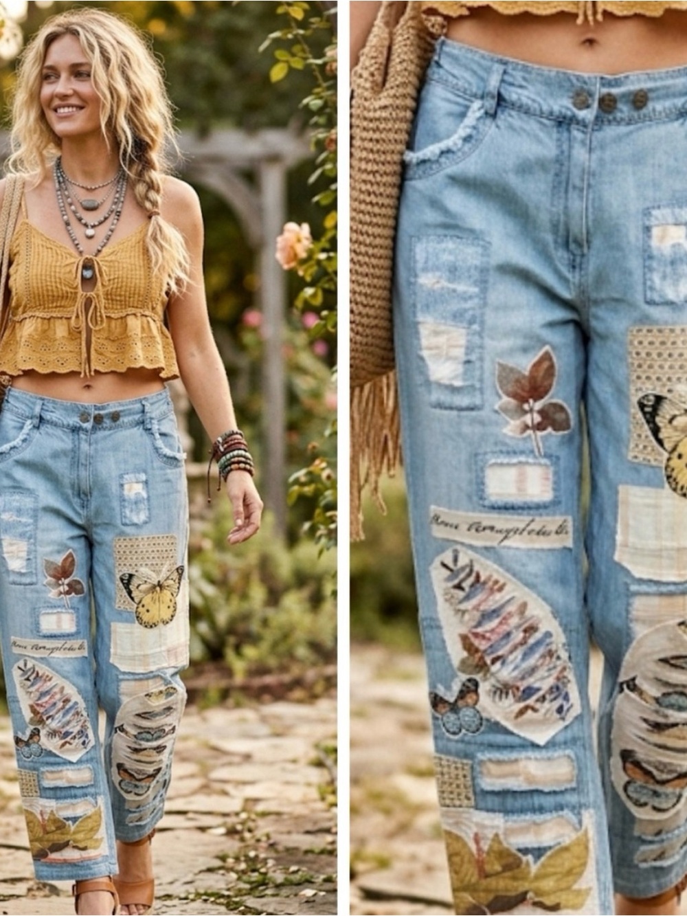 SIZE XL!! Impossible to find! Boho Patchwork Light Blue Distressed Women’s Jean